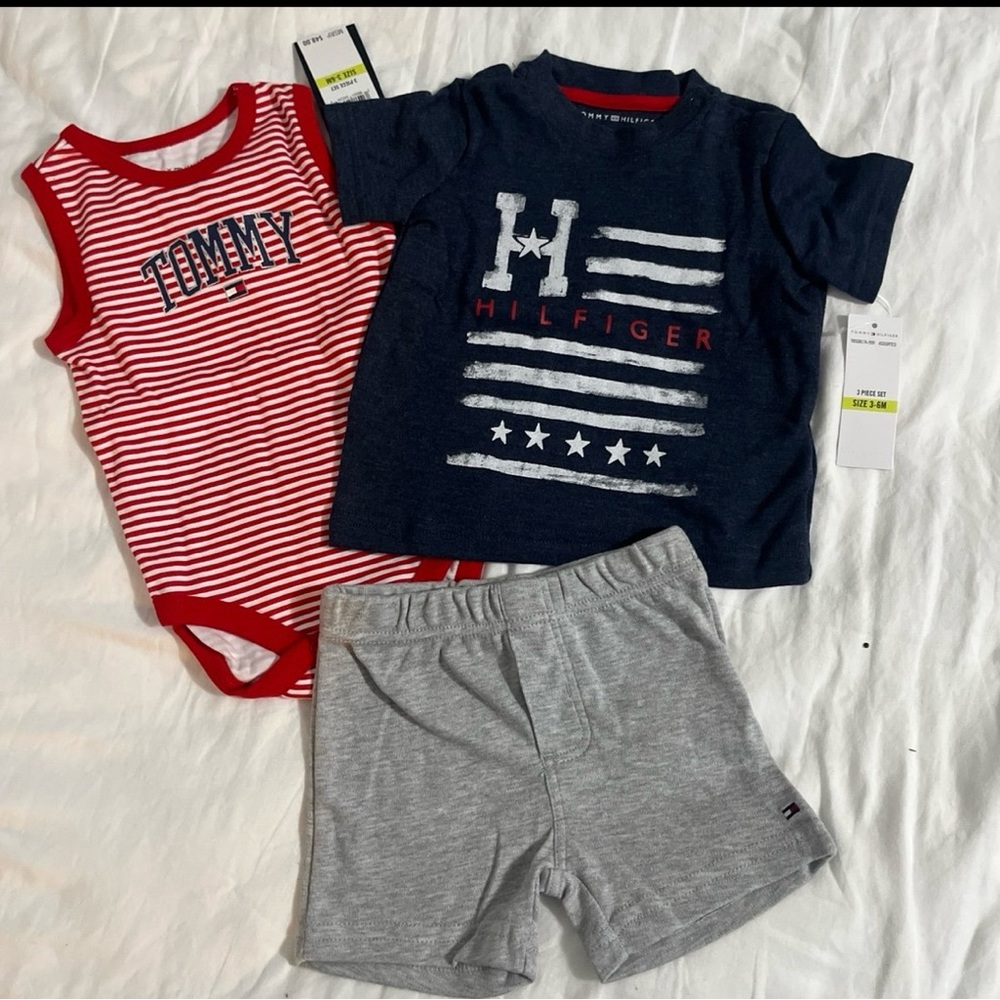 Tommy Hilfiger Kids Red Striped Bodysuit and Navy Tee Set